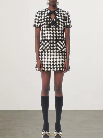 Bow-Detail Black and White Houndstooth Tweed Mini Dress - Dresses