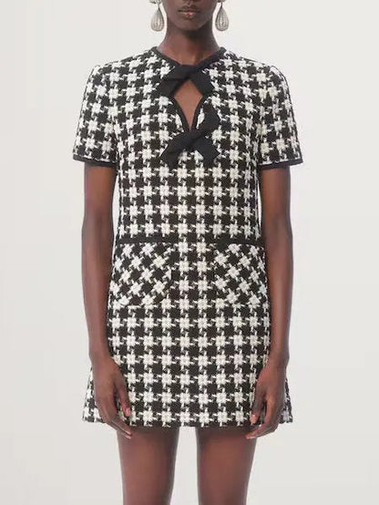 Bow-Detail Black and White Houndstooth Tweed Mini Dress - Dresses