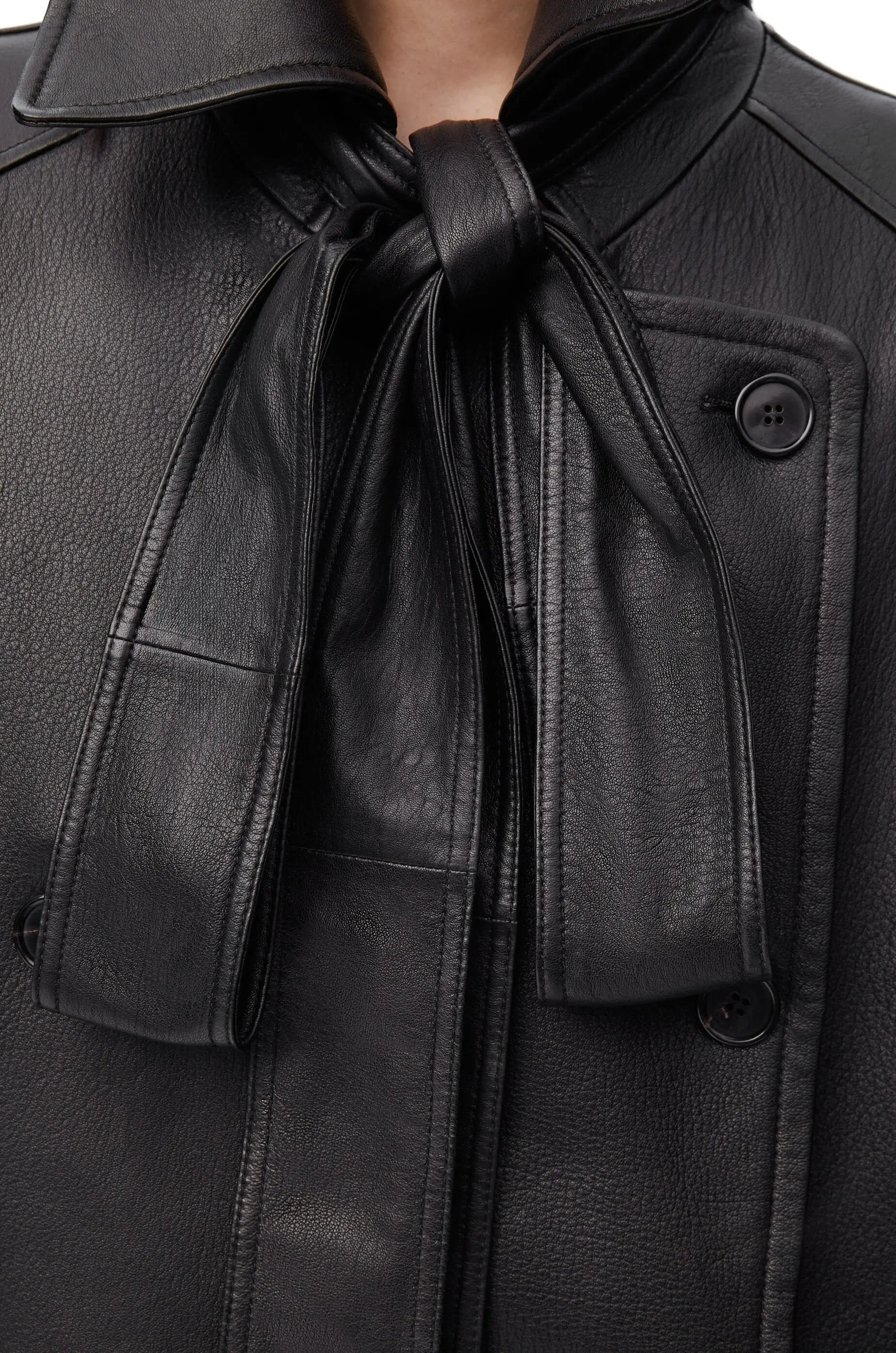 Bow-Detail Black Genuine Leather Double-Breasted Jacket - Jackets