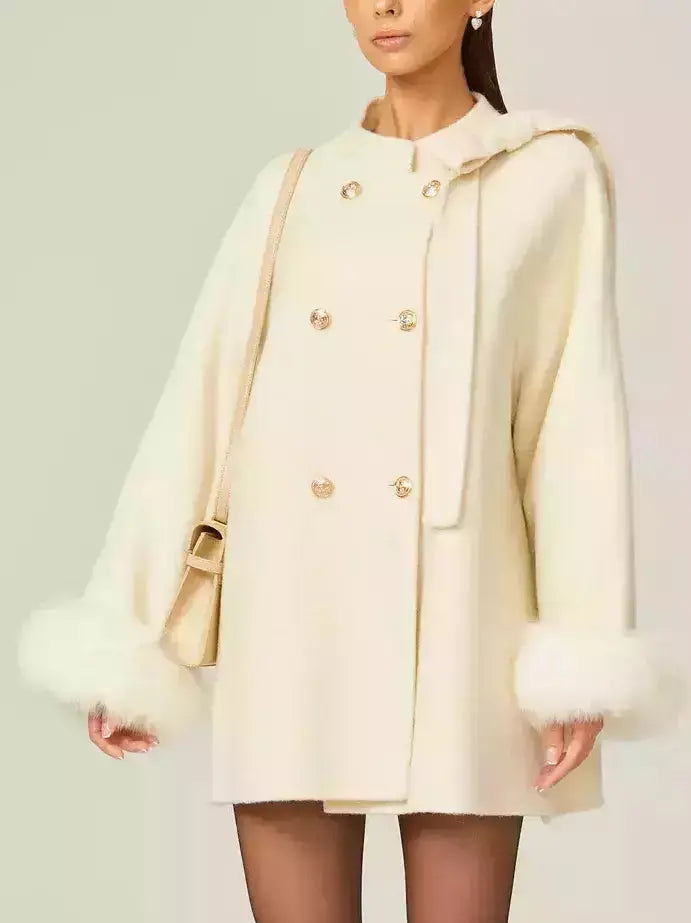 Bow-Detail Double-Breasted Wool Oversize Coat in Cream - Coats