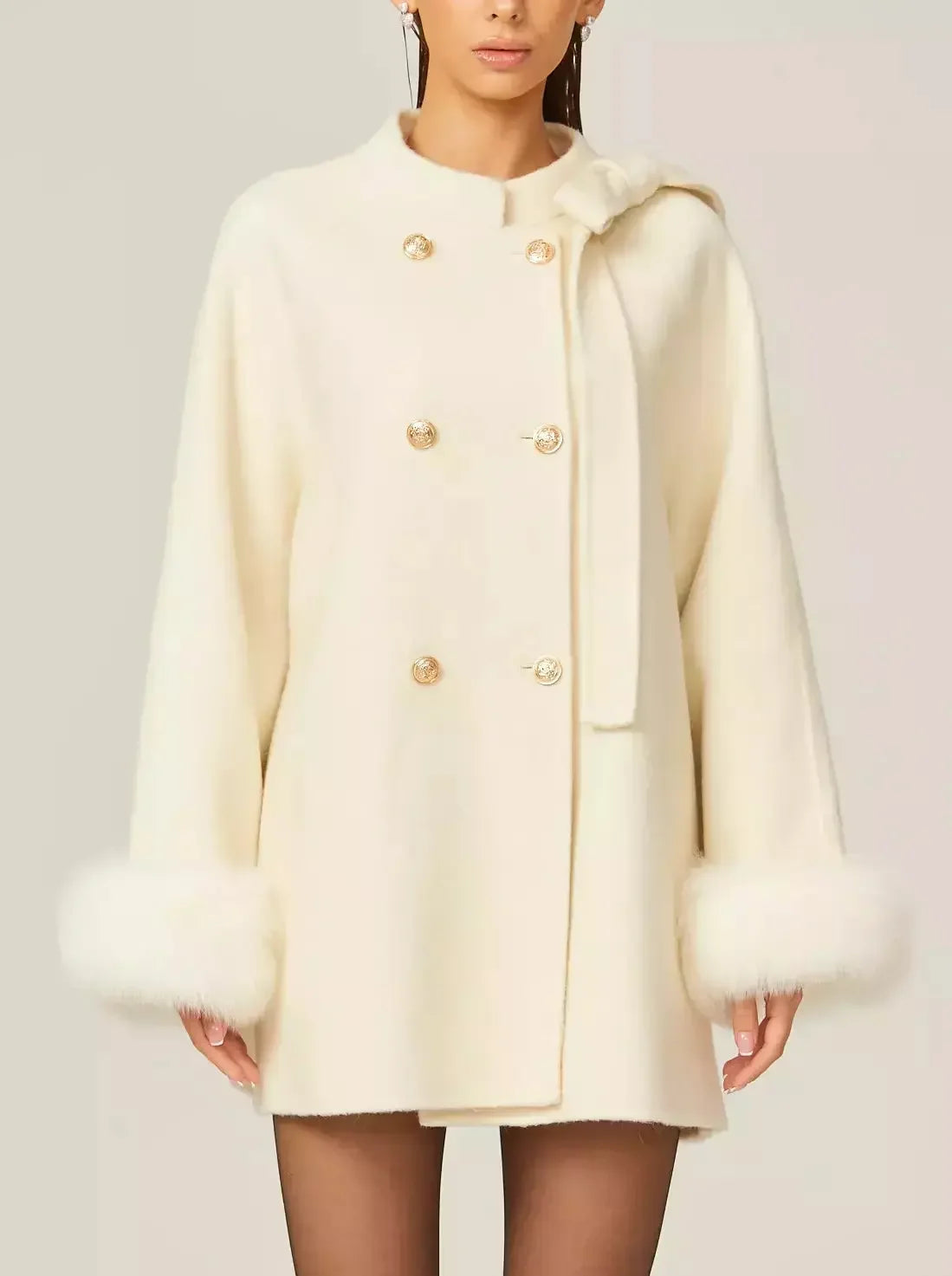 Bow-Detail Double-Breasted Wool Oversize Coat in Cream - Coats