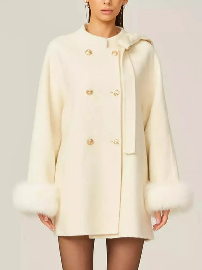 Bow-Detail Double-Breasted Wool Oversize Coat in Cream - Coats