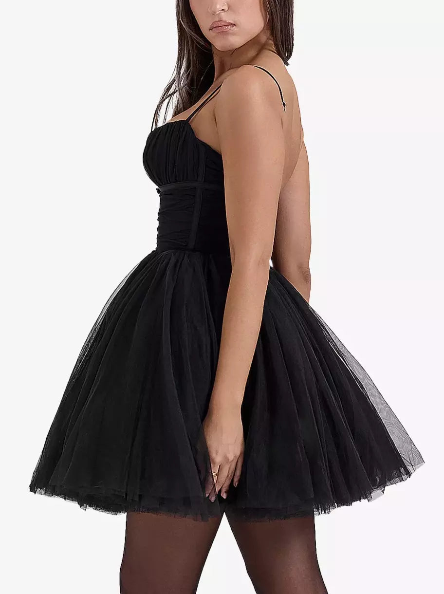 Short pink tulle flared mini dress with bow-detail sleeveless design