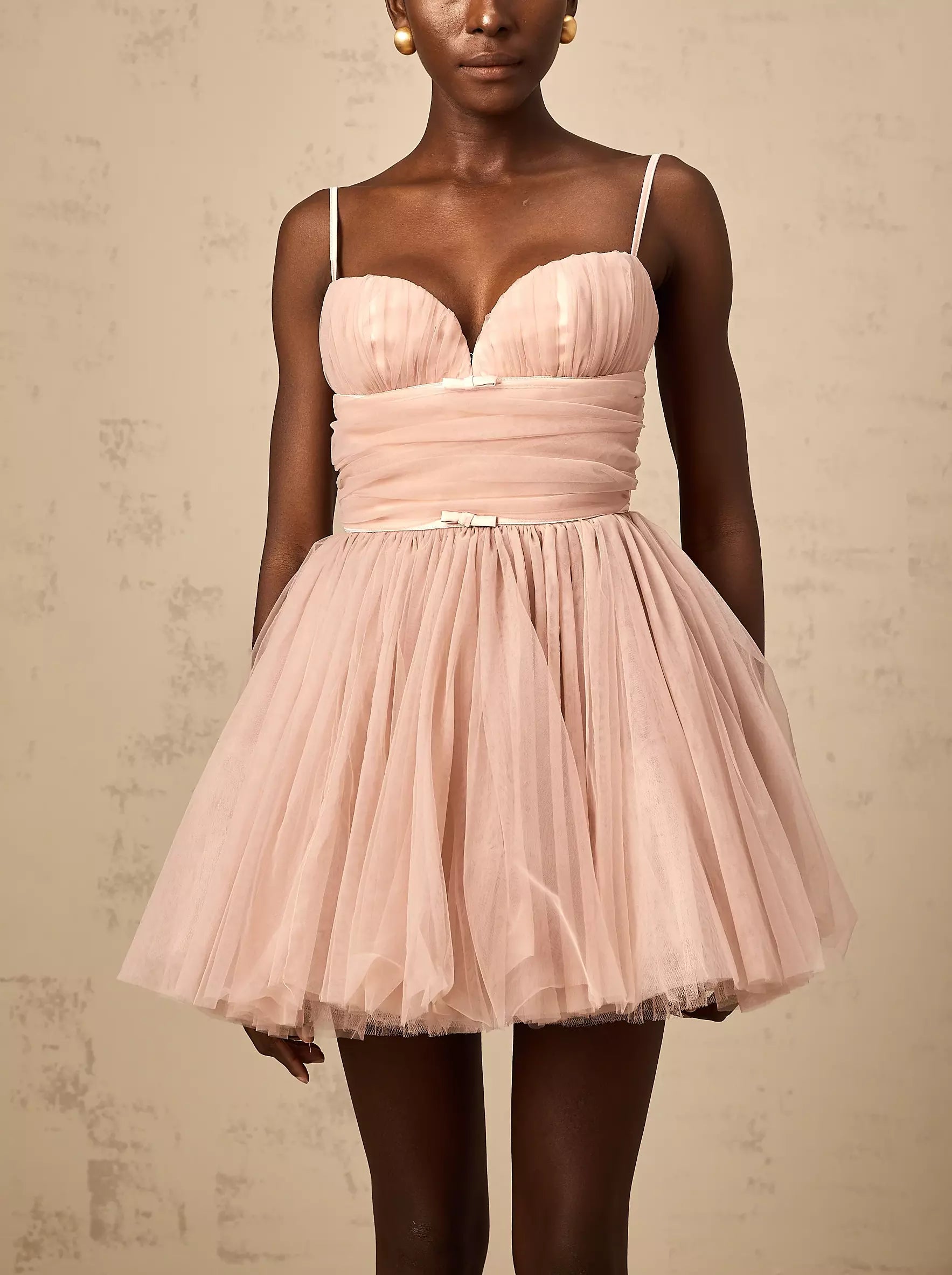 Pink Bow-Detail Sleeveless Tulle Flared Mini Dress perfect for parties and special occasions