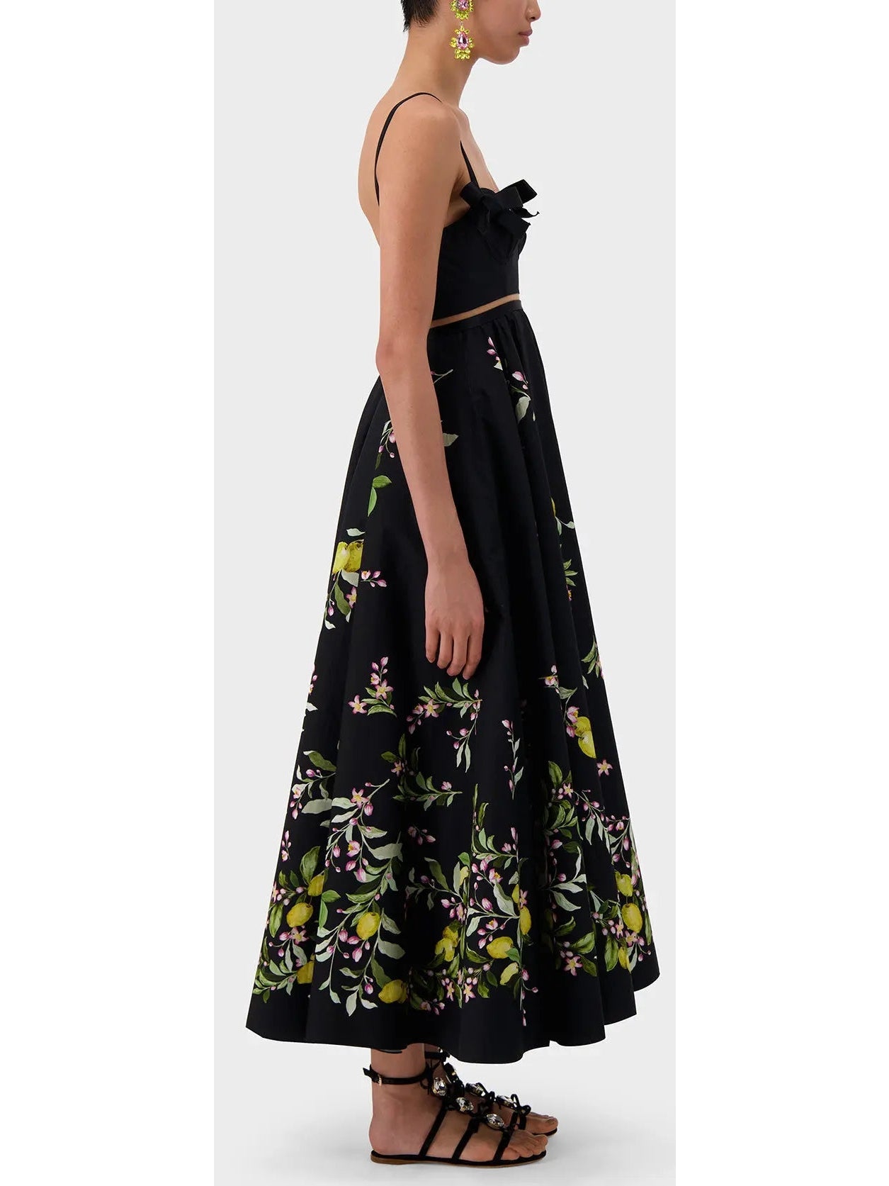 Bow-Detailed Printed Poplin Midi Dress in Black - Dresses