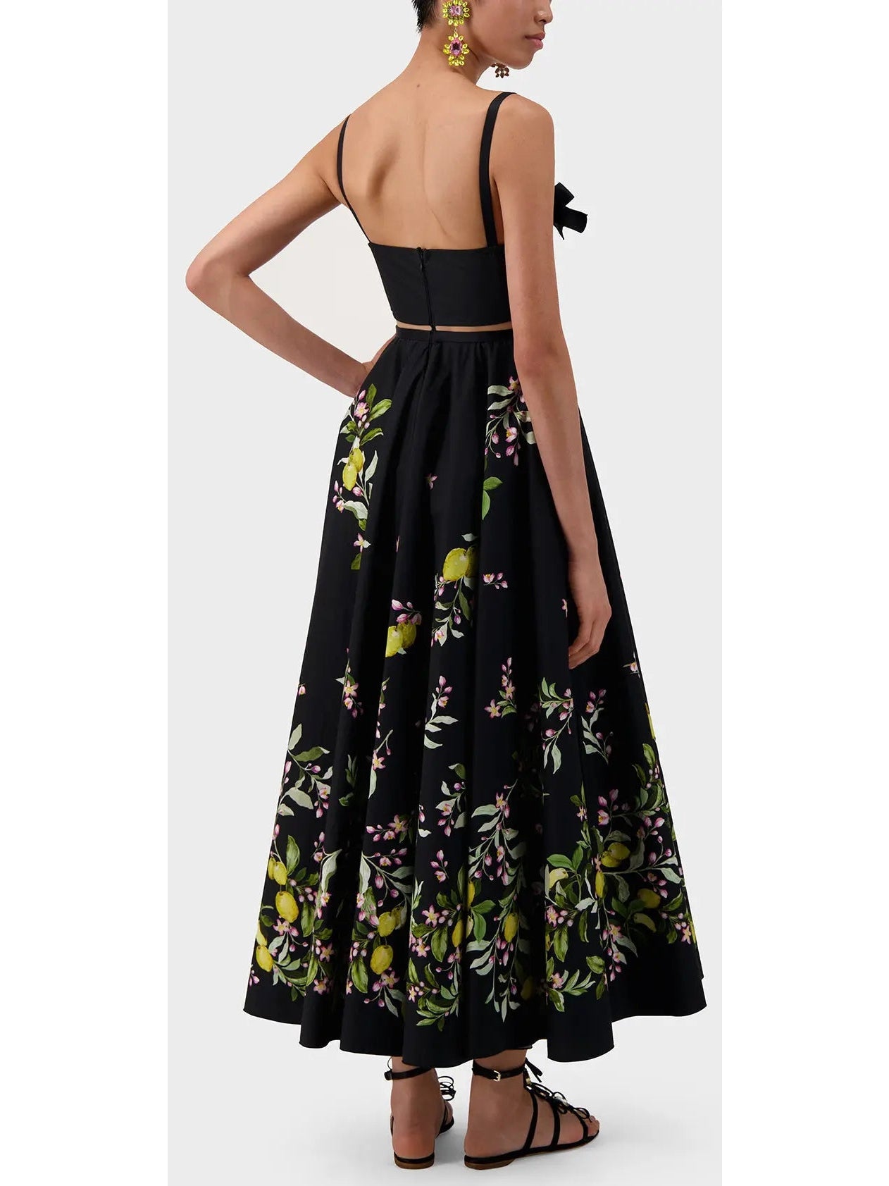 Bow-Detailed Printed Poplin Midi Dress in Black - Dresses