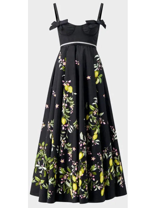 Bow-Detailed Printed Poplin Midi Dress in Black - Dresses