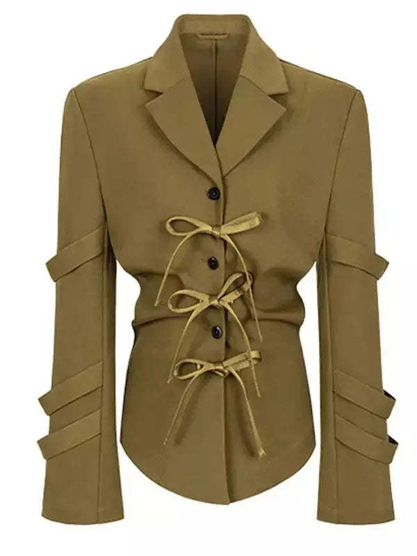 Bow-Detailed Single-Breasted Blazer in Caramel - Jackets