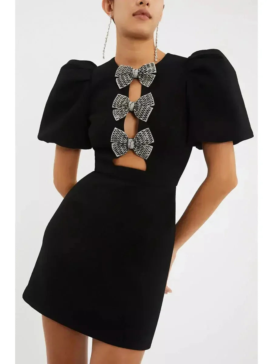 Bow Embellished Puff Sleeve Black Mini Dress Luxury