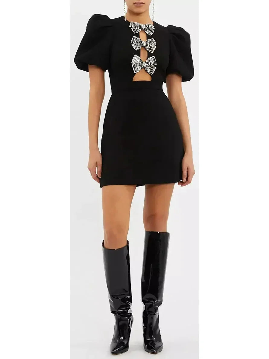 Bow Embellished Puff Sleeve Black Mini Dress Luxury