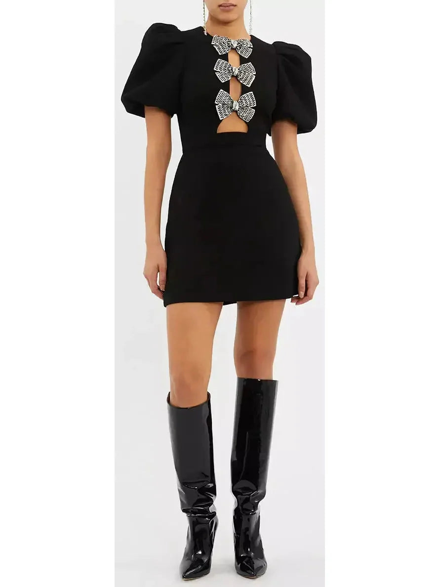 Bow-Embellished Black Mini Dress - Dresses