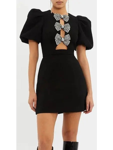 Bow-Embellished Black Mini Dress - Dresses