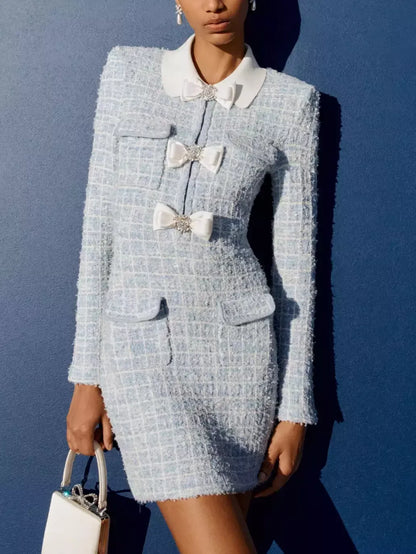 Bow-Embellished Blue Knit Check Mini Dress - Dresses