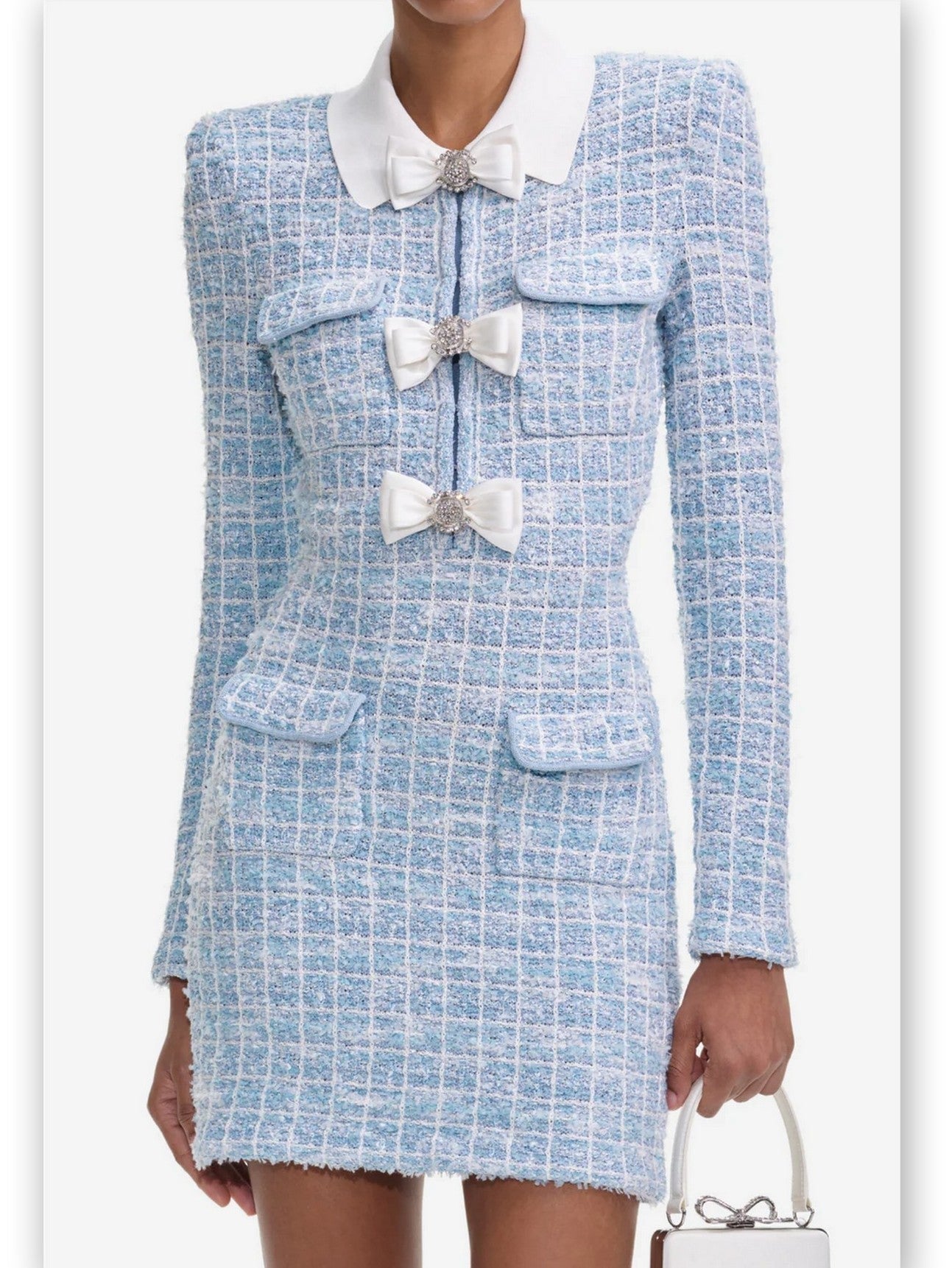 Bow-Embellished Blue Knit Check Mini Dress - Dresses