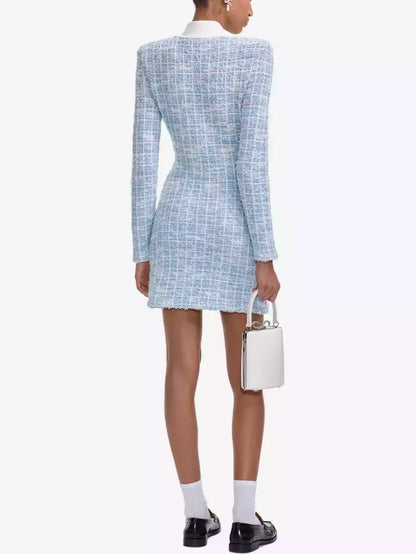 Bow-Embellished Blue Knit Check Mini Dress - Dresses