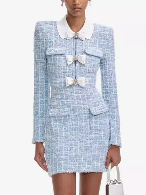 Bow-Embellished Blue Knit Check Mini Dress - Dresses