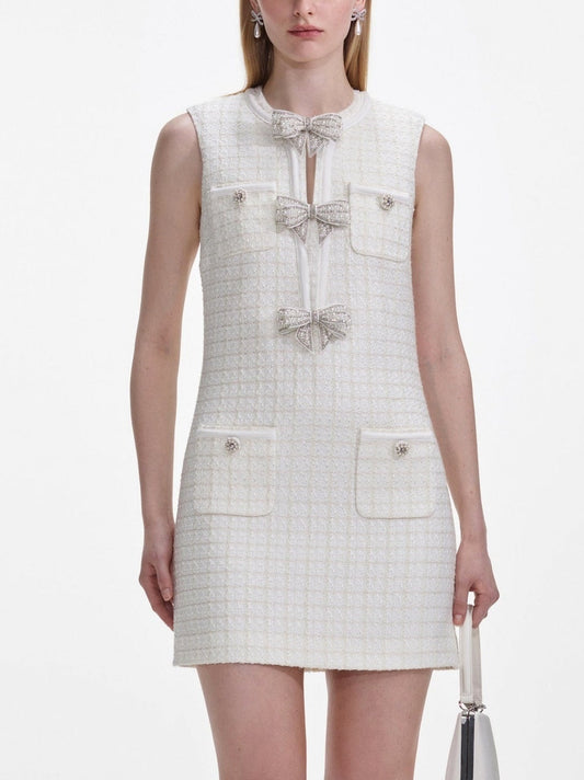 Bow-Embellished Boucle Tweed Mini Dress - Dresses