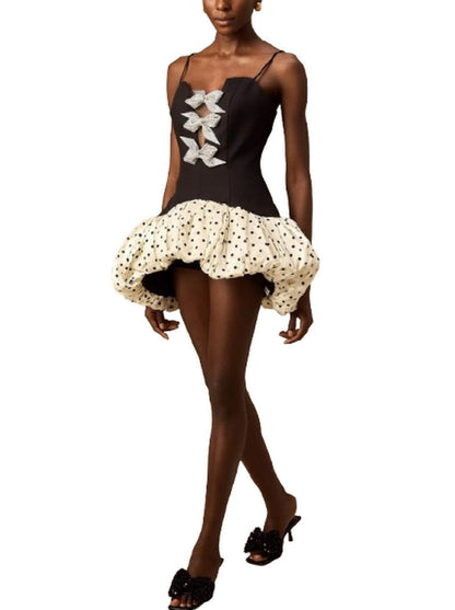 Bow-Embellished Mini Dress with Puff Polka Dot Skirt - Dresses