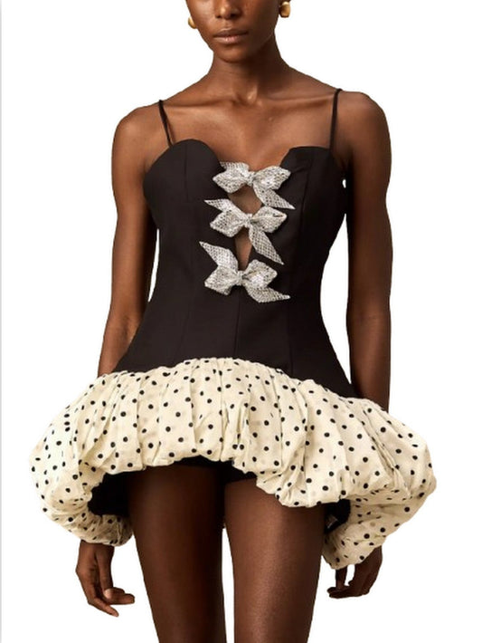 Bow-Embellished Mini Dress with Puff Polka Dot Skirt - Dresses