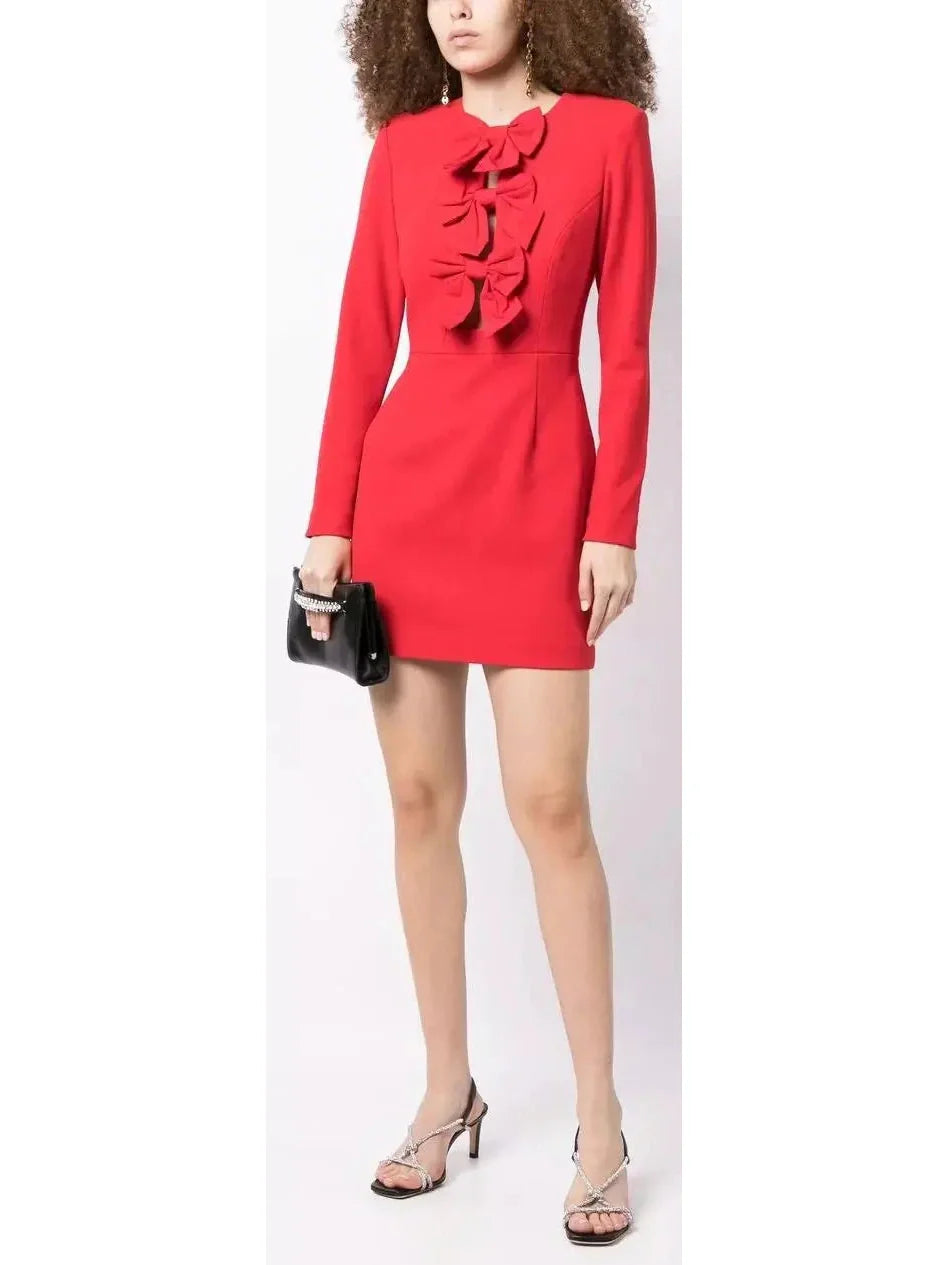 Bow-Embellished Scarlet Red Mini Dress - Dresses