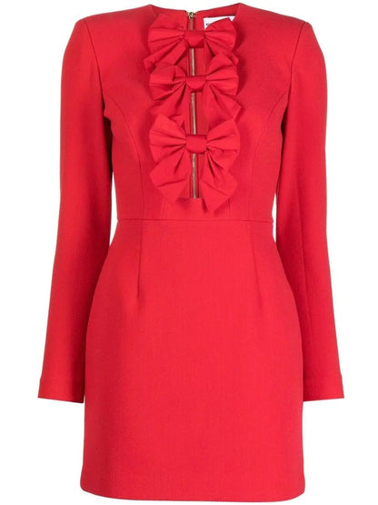 Bow-Embellished Scarlet Red Mini Dress - Dresses