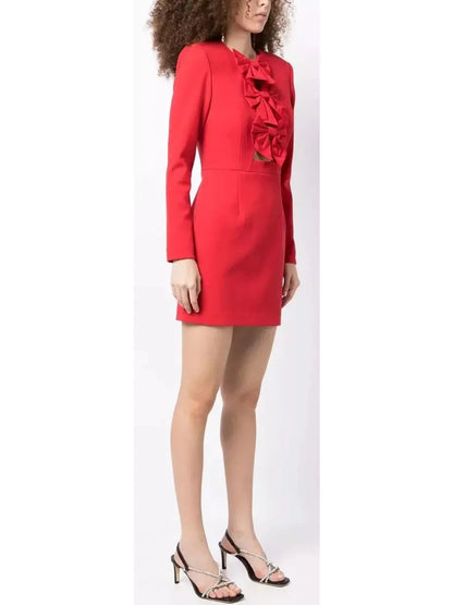 Bow-Embellished Scarlet Red Mini Dress - Dresses