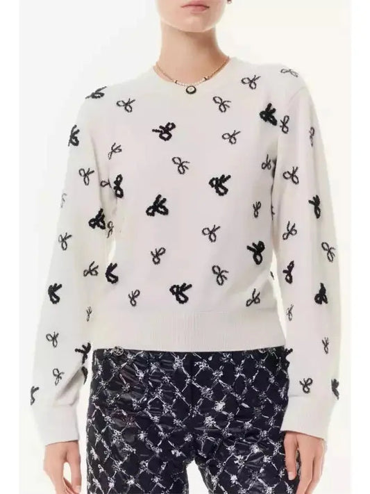 Bow-Embellished White and Black Cashmere Pullover Sweater - Sweaters & Knitwear