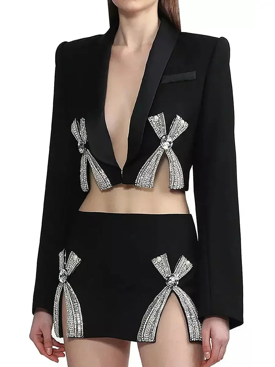 Bow-Embroidered Cropped Blazer and Mini Skirt Set in Black - Suits & Sets