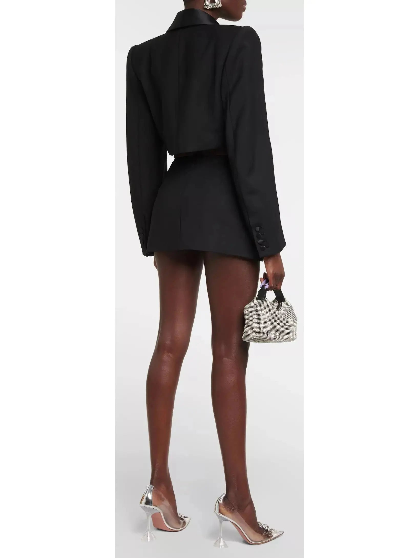 Bow-Embroidered Cropped Blazer and Mini Skirt Set in Black - Suits & Sets