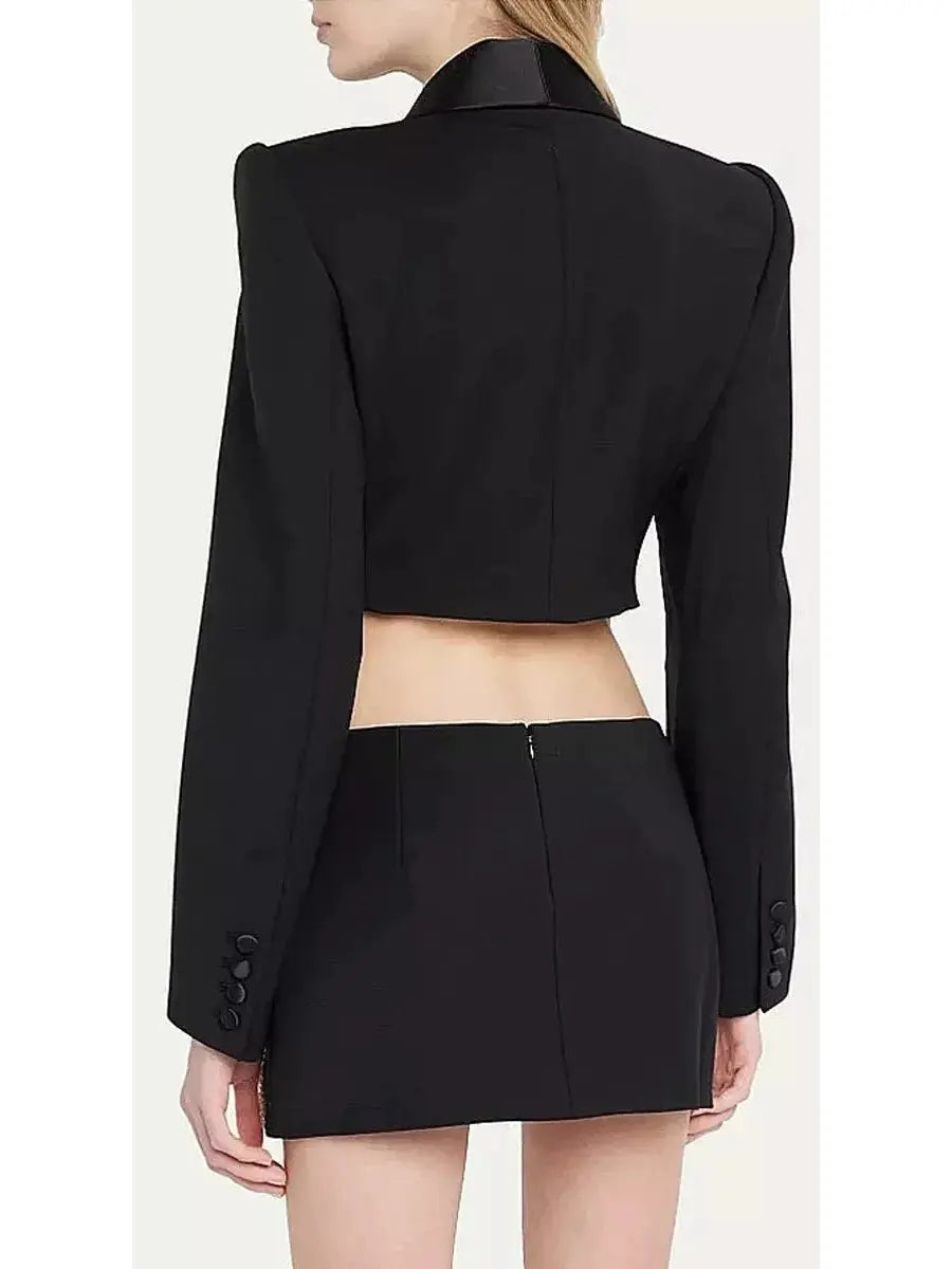 Bow-Embroidered Cropped Blazer and Mini Skirt Set in Black - Suits & Sets