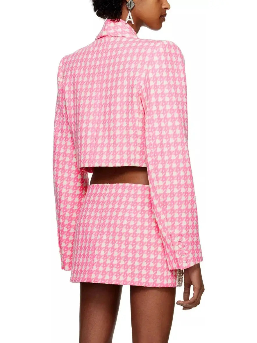 Bow-Embroidered Cropped Blazer and Mini Skirt Set in Pink Houndstooth - Suits & Sets