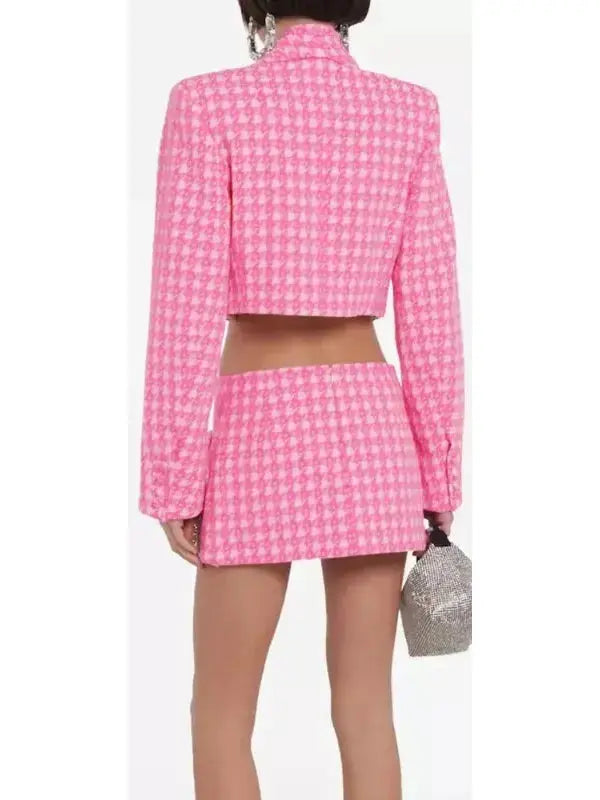 Bow-Embroidered Cropped Blazer and Mini Skirt Set in Pink Houndstooth - Suits & Sets