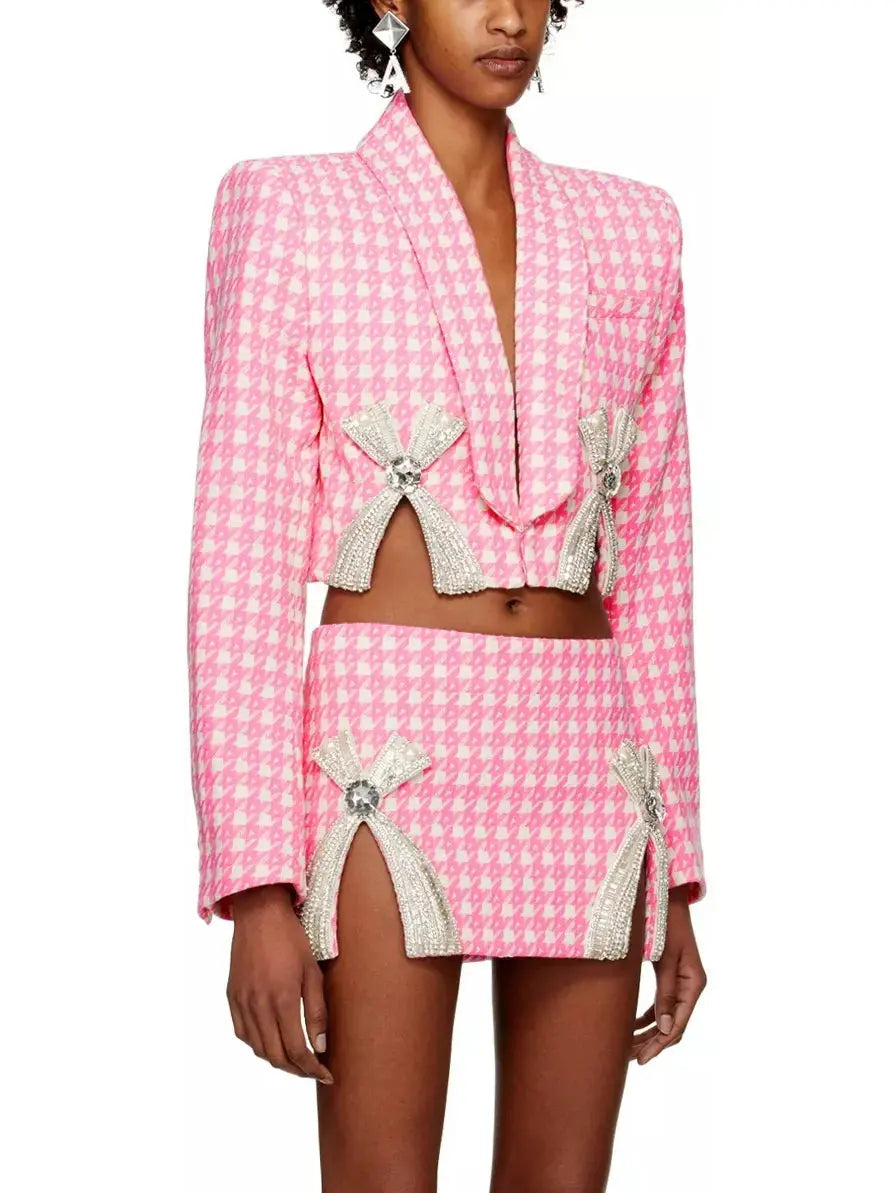 Bow-Embroidered Cropped Blazer and Mini Skirt Set in Pink Houndstooth - Suits & Sets