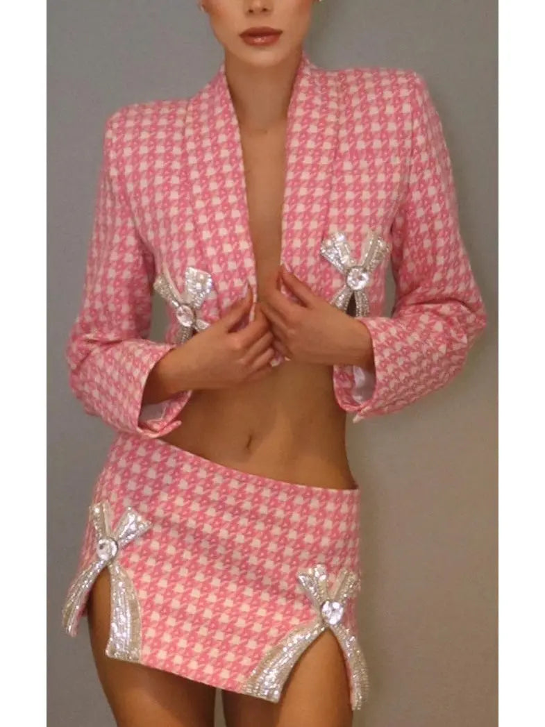 Bow-Embroidered Cropped Blazer and Mini Skirt Set in Pink Houndstooth - Suits & Sets