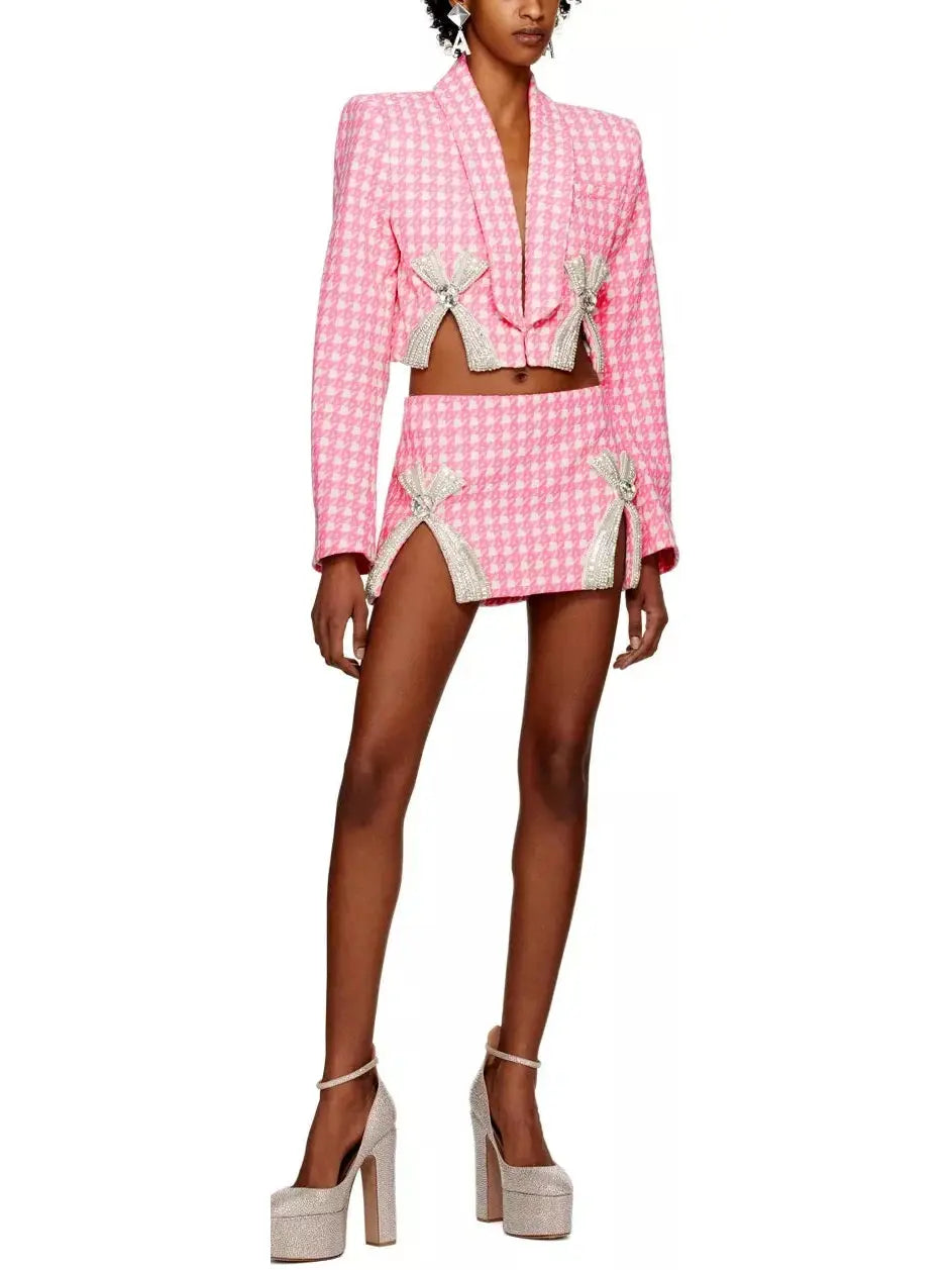 Bow-Embroidered Cropped Blazer and Mini Skirt Set in Pink Houndstooth - Suits & Sets