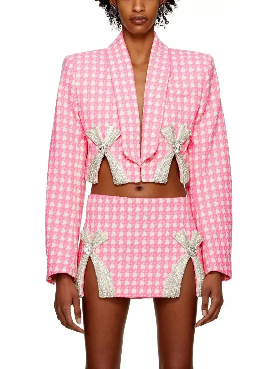 Bow-Embroidered Cropped Blazer and Mini Skirt Set in Pink Houndstooth - Suits & Sets