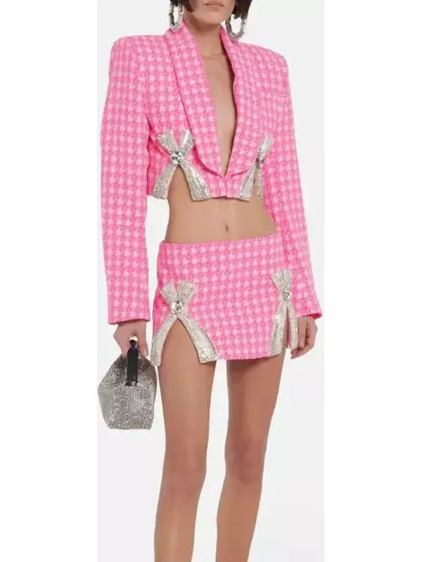 Bow-Embroidered Cropped Blazer and Mini Skirt Set in Pink Houndstooth - Suits & Sets