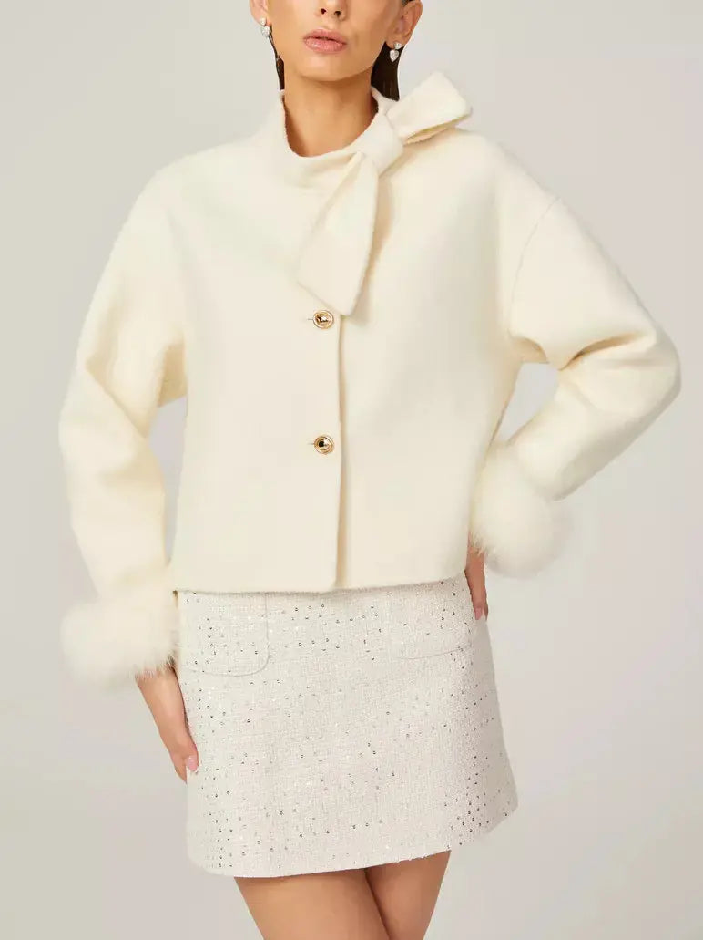 Bow-Neck Cropped Wool Jacket with Fur Cuffs - Jackets