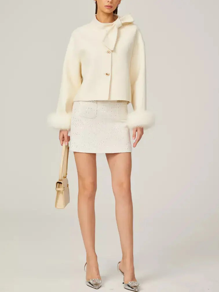 Bow-Neck Cropped Wool Jacket with Fur Cuffs - Jackets