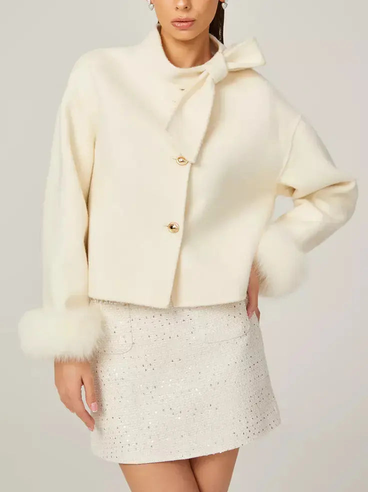 Bow-Neck Cropped Wool Jacket with Fur Cuffs - Jackets