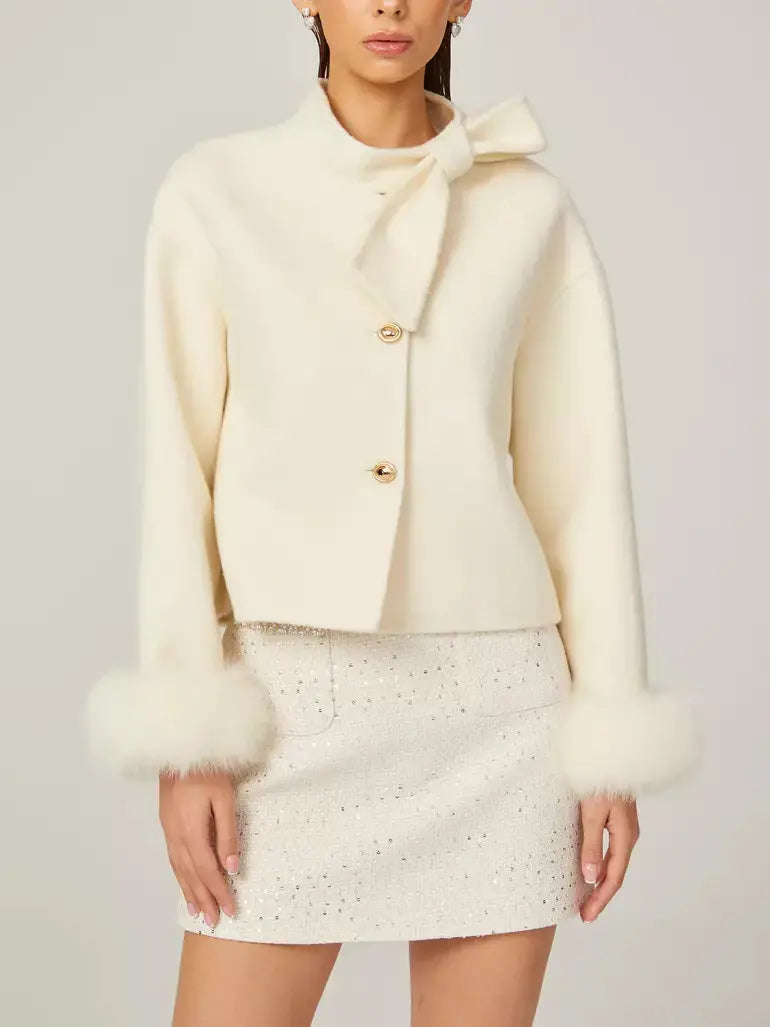 Bow-Neck Cropped Wool Jacket with Fur Cuffs - Jackets