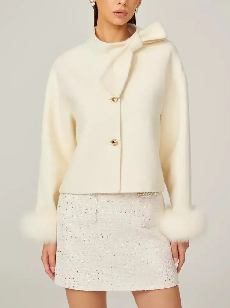 Bow-Neck Cropped Wool Jacket with Fur Cuffs - Jackets