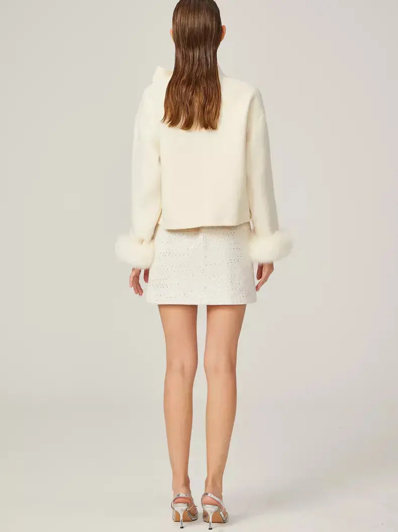 Bow-Neck Cropped Wool Jacket with Fur Cuffs - Jackets