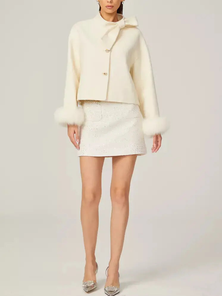 Bow-Neck Cropped Wool Jacket with Fur Cuffs - Jackets