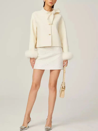 Bow-Neck Cropped Wool Jacket with Fur Cuffs - Jackets