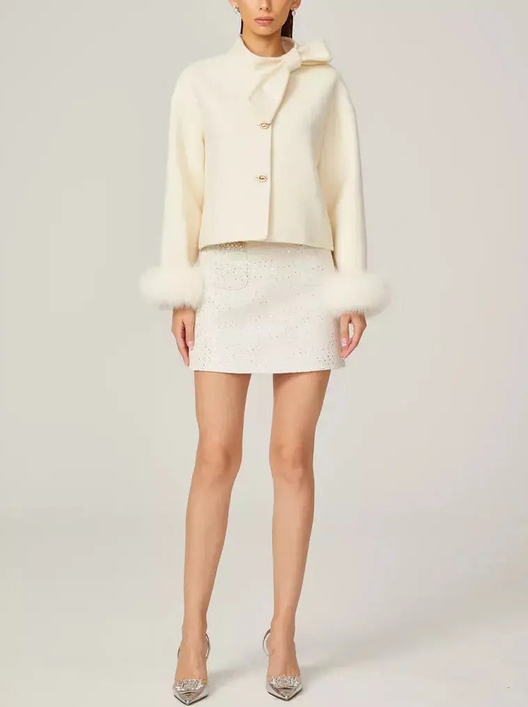 Bow-Neck Cropped Wool Jacket with Fur Cuffs - Jackets