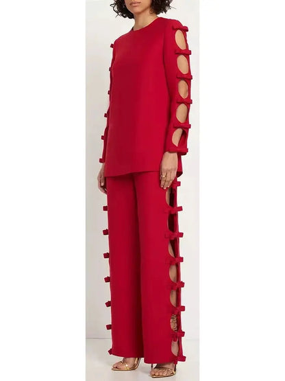 Bow-Trimmed Long-Sleeve Top and Pant Set in Red - Suits & Sets