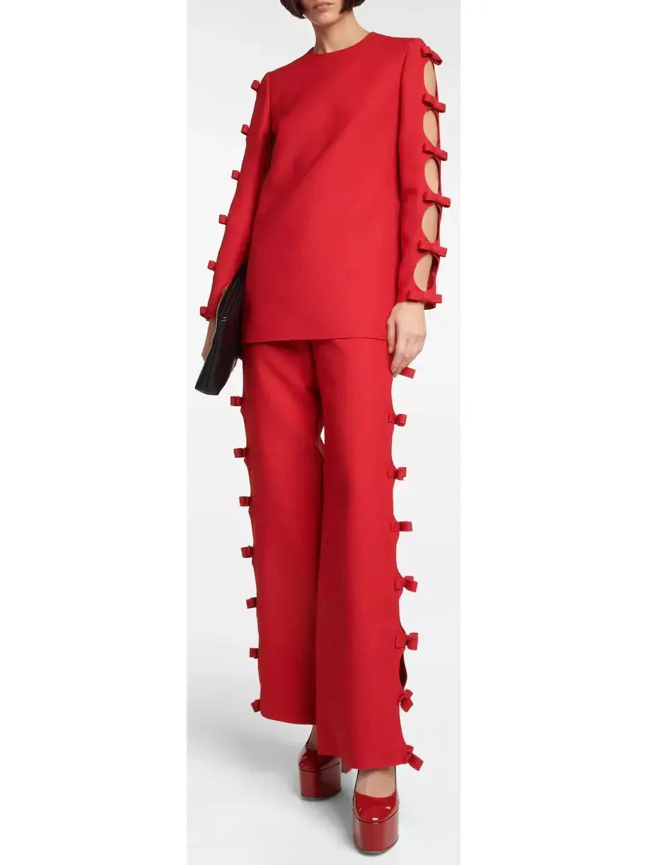 Bow-Trimmed Long-Sleeve Top and Pant Set in Red - Suits & Sets