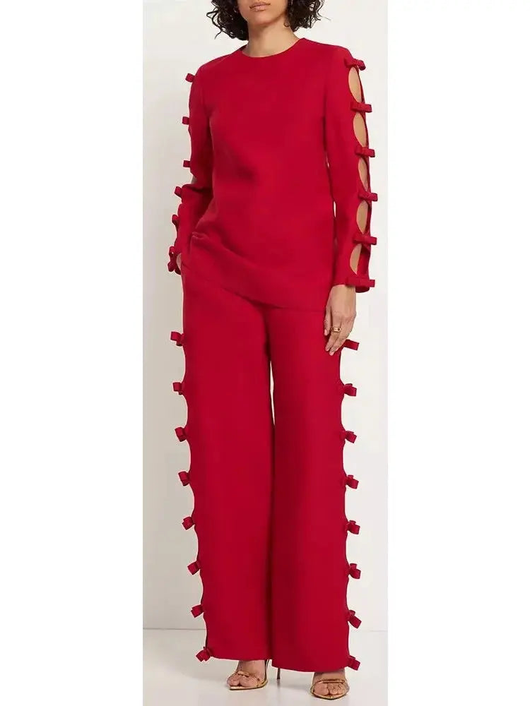 Bow-Trimmed Long-Sleeve Top and Pant Set in Red - Suits & Sets