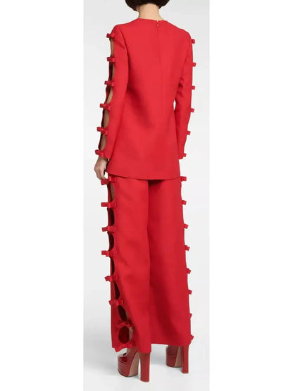 Bow-Trimmed Long-Sleeve Top and Pant Set in Red - Suits & Sets